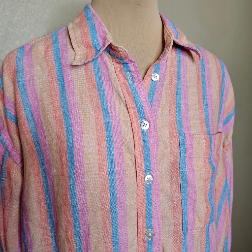 Faherty Laguna Linen Relaxed Shirt Pink Blue Orange Cabana Stripe Button Down M - Picture 4 of 10
